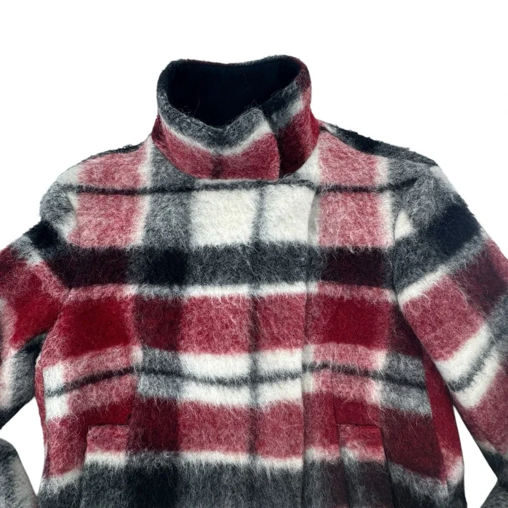 Zara Wool‎ Mohair Jacket Maroon/Black/White Plaid Asymmetric Snap Close Womens S